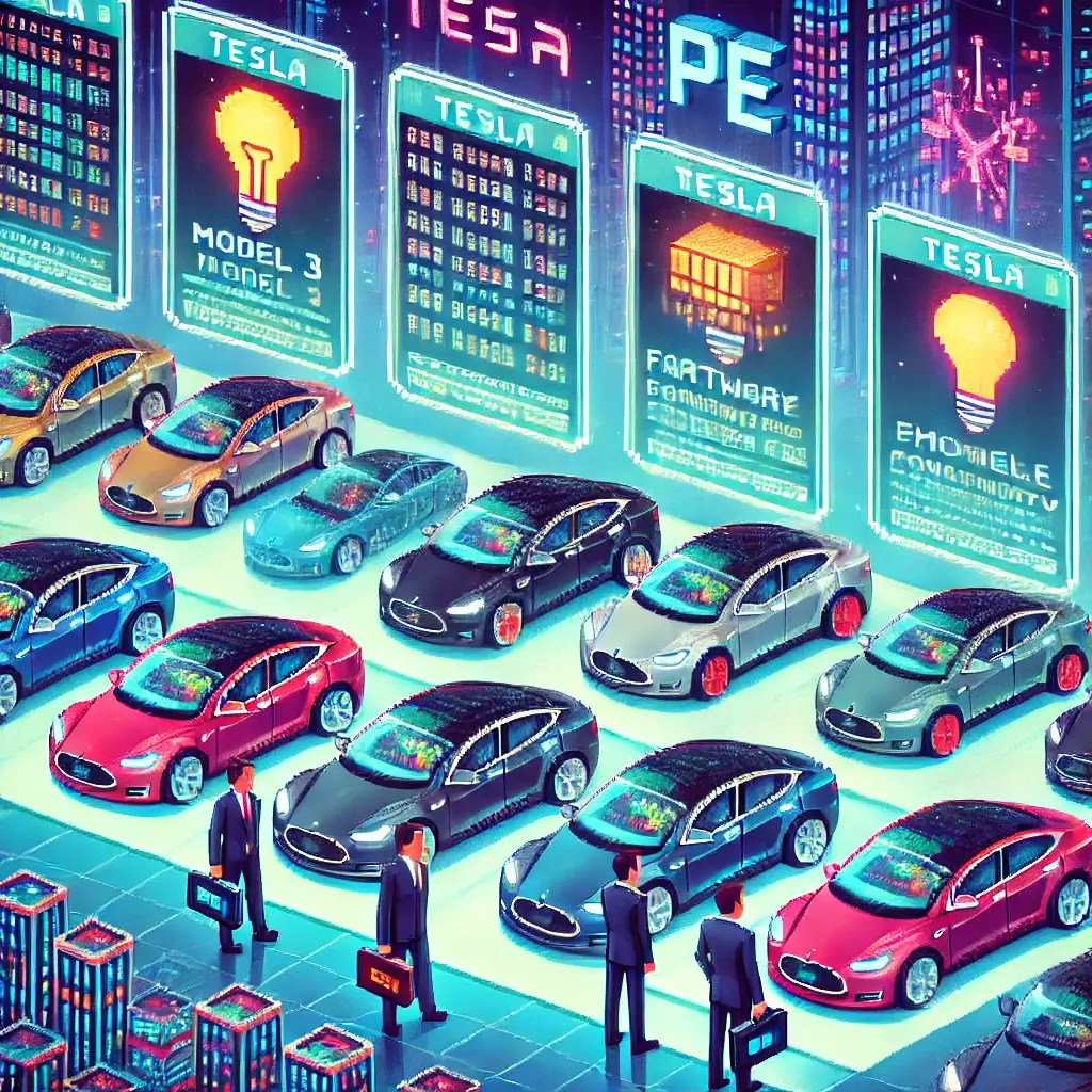 Pixel art of a futuristic Tesla auction floor with private equity investors negotiating spreads in second-hand Tesla markets.