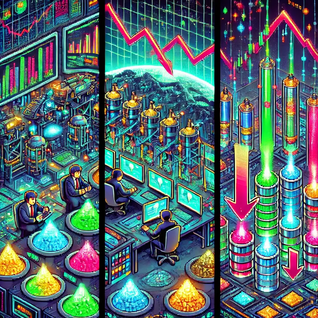 Pixel art of hedge funds shorting lithium supply chains at a futuristic trading desk with glowing monitors showing lithium carbonate and hydroxide price drops.