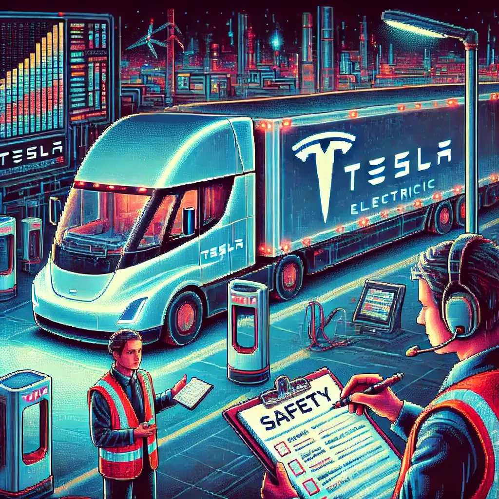 Pixel art of Tesla truck drivers FMLA moment: futuristic electric truck charging at night, driver receiving safety reassignment paperwork for sleep disorder compliance.