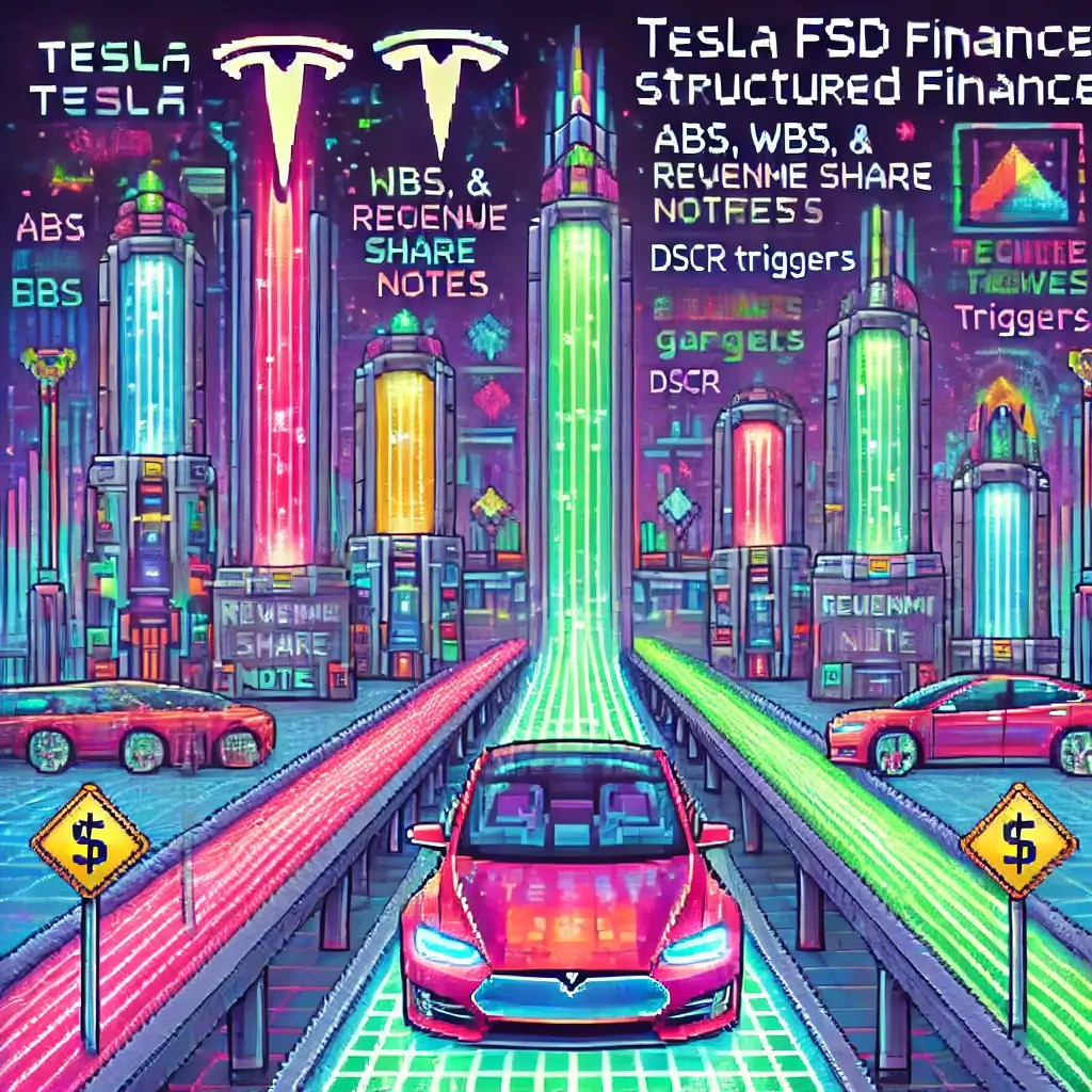Pixel art cityscape of Tesla FSD structured finance with glowing highways, ABS/WBS towers, revenue share notes, and DSCR triggers in neon.
