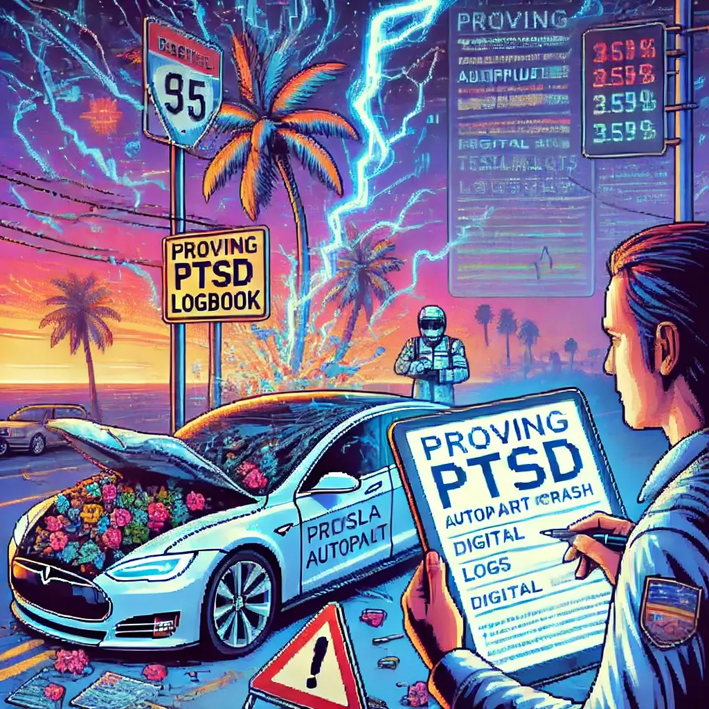 9 Battle-Tested prove PTSD after crash Moves Florida Passengers Can Use (2025 Guide). Pixel art of a Florida passenger holding a digital PTSD logbook glowing with time-stamps, next to a Tesla crash scene with palm trees and road signs, symbolizing proof of PTSD after crash.